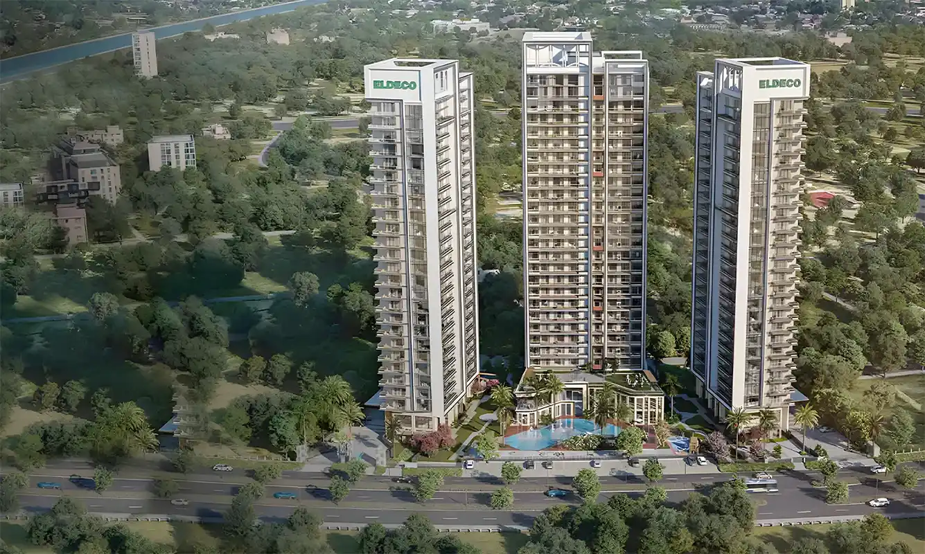 Aerial view of the three Eldeco Trinity towers